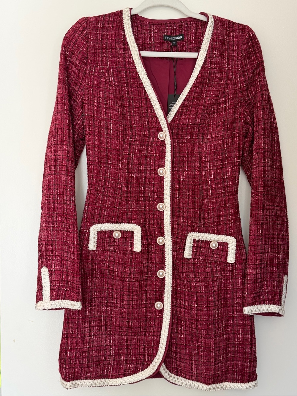 NWT* XS Fashion Nova Burgundy Tweed Pearl Button Blazer Mini Dress